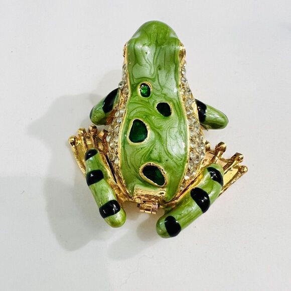 Jeweled Keepsake Enamel Green Frog Hinged Trinket Box Metalic Paperweight - Picture 4 of 10
